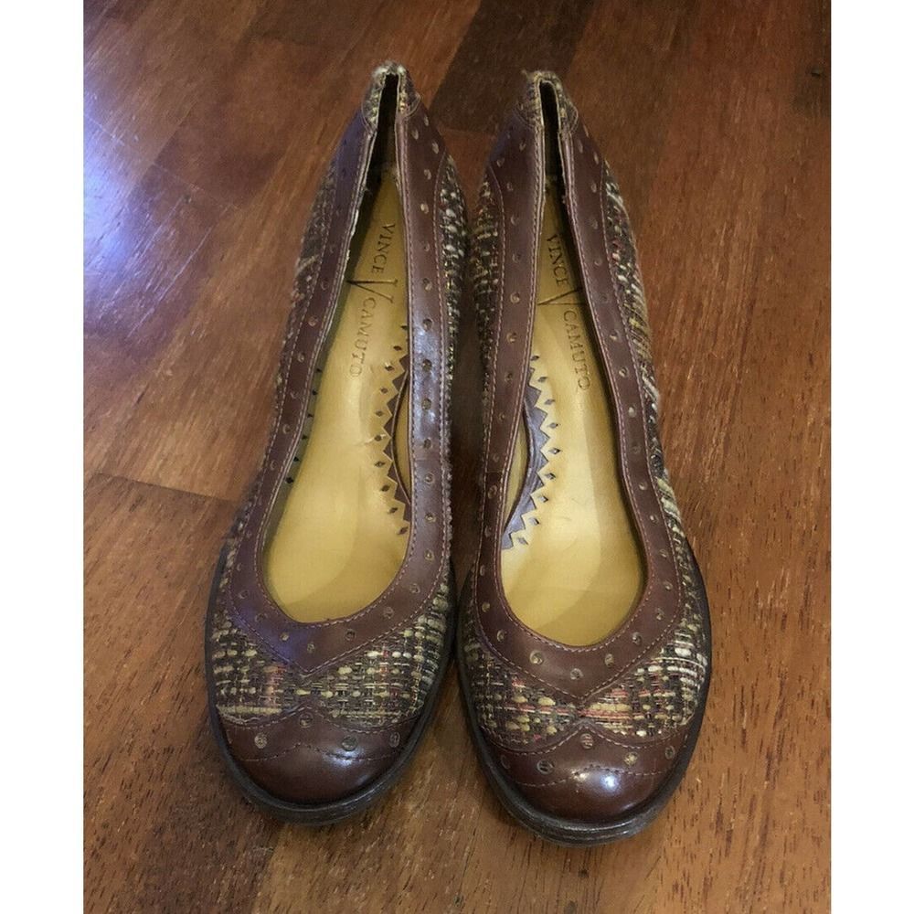 Women’s Vince Camuto Fabric Tweed Brown Tweed/Leather Kitten Heels Casual 6.5M - Picture 1 of 9